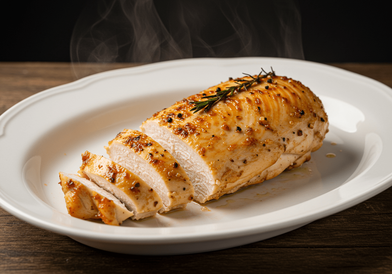 Repos des filets de poulet sortis du four pour une tendreté optimale.