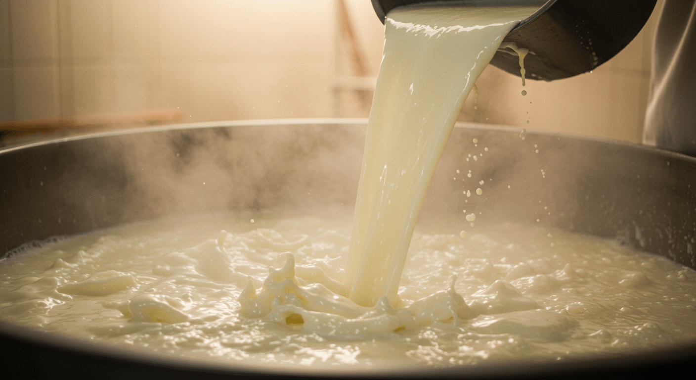 Fabrication de fromage hollandais : un fromager versant du lait chaud dans un grand bac en terre cuite.