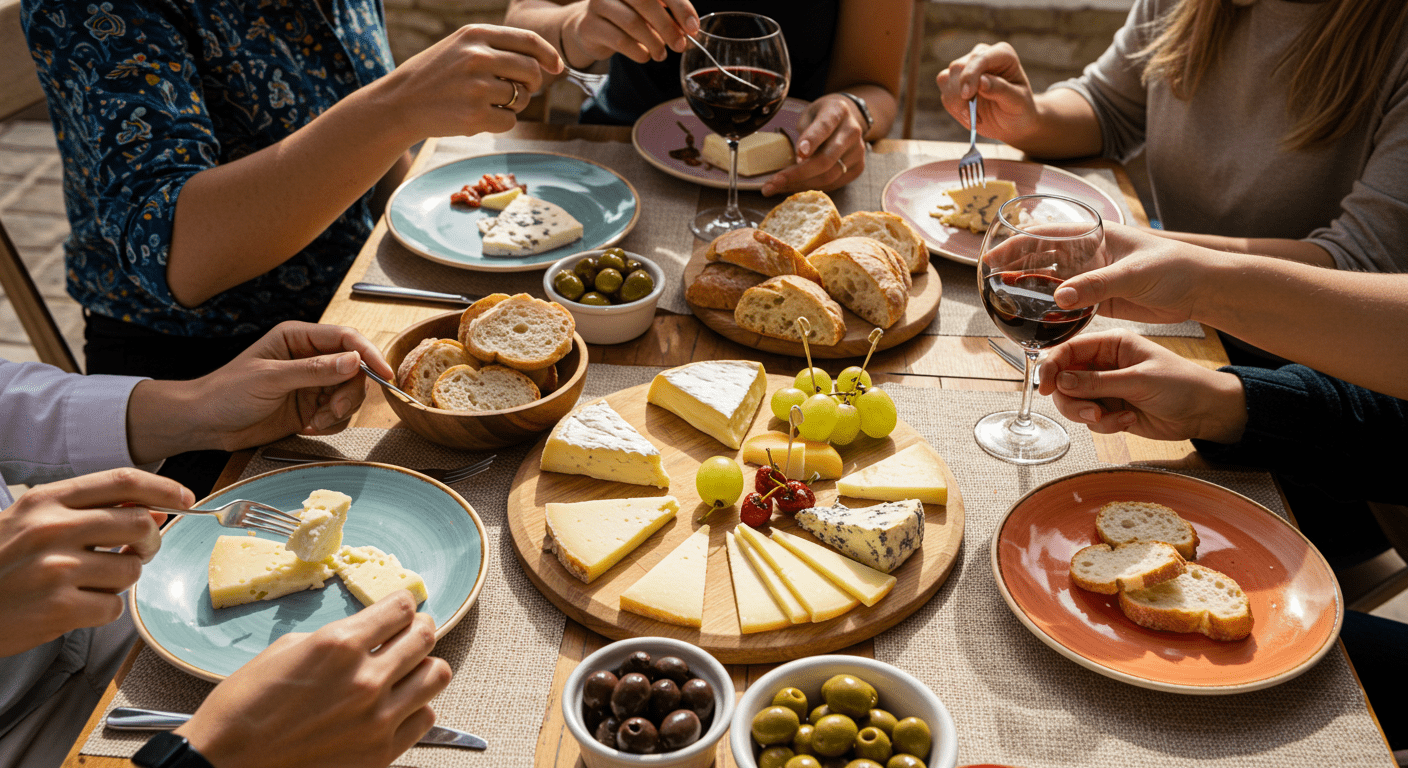 Une image vibrante de personnes partageant un plateau de fromage lors d'un rassemblement, célébrant les saveurs uniques des fromages portugais.