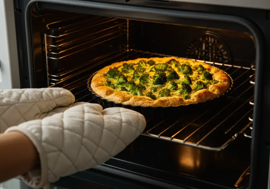 Placing the Galette au Brocoli et Fromage in the oven to bake.
