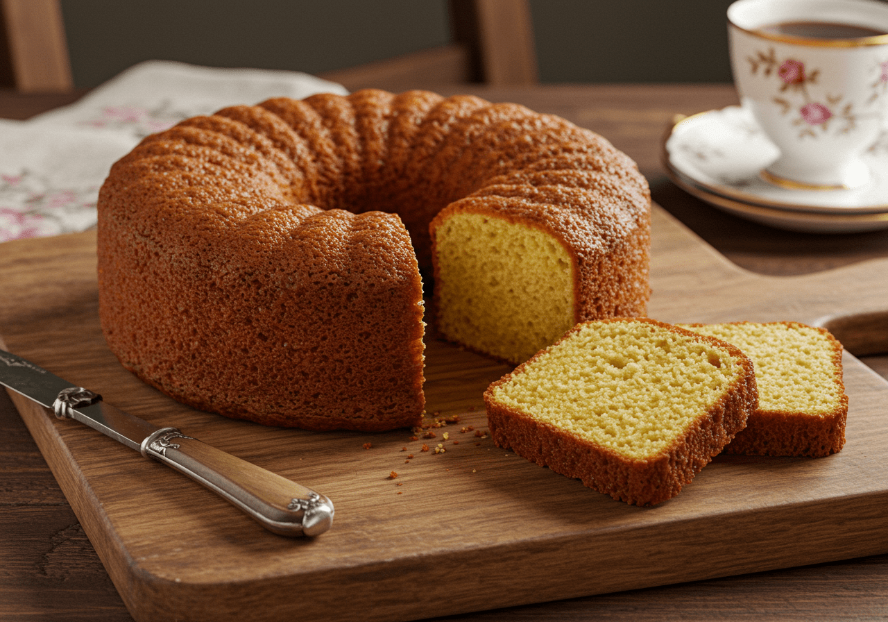 Afficher le gâteau idéal pour le petit déjeuner, doré et tranché, sur une table en bois, prêt à être dégusté.