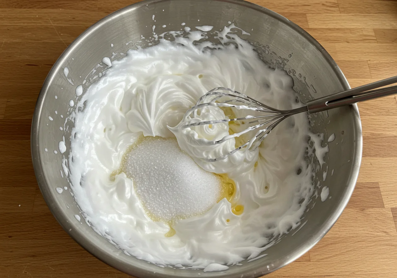 PrĂ©paration de la pĂąte pour gaufres au Nutella avec des blancs d'Ćufs et du sucre dans un bol.