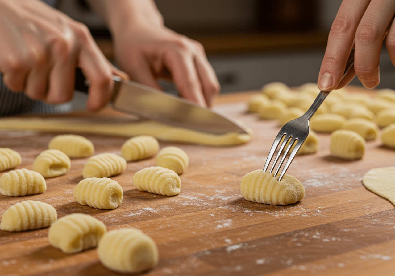 Façonnage des gnocchis en morceaux avec des indentations, une étape essentielle dans la recette de gnocchi au fromage, préparation de gnocchi faciles.