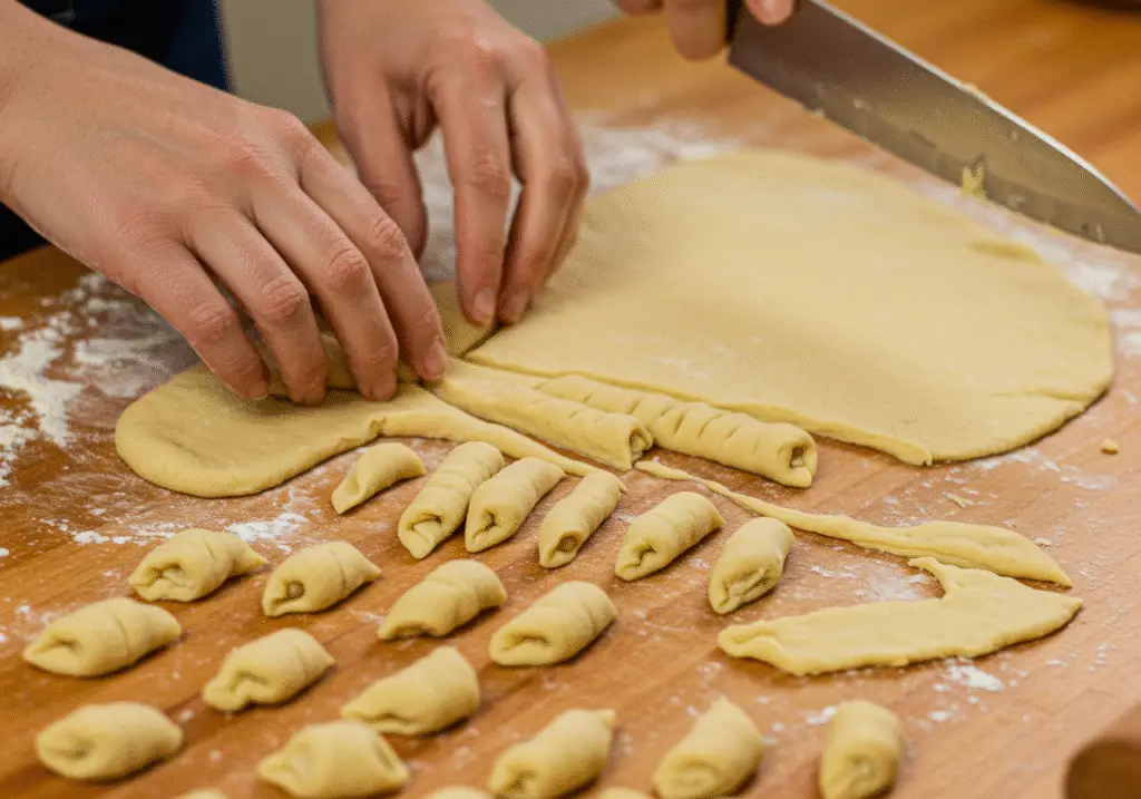 Découpage de la pùte en petits morceaux pour les gnocchi de patate douce, illustrant le processus de modelage.