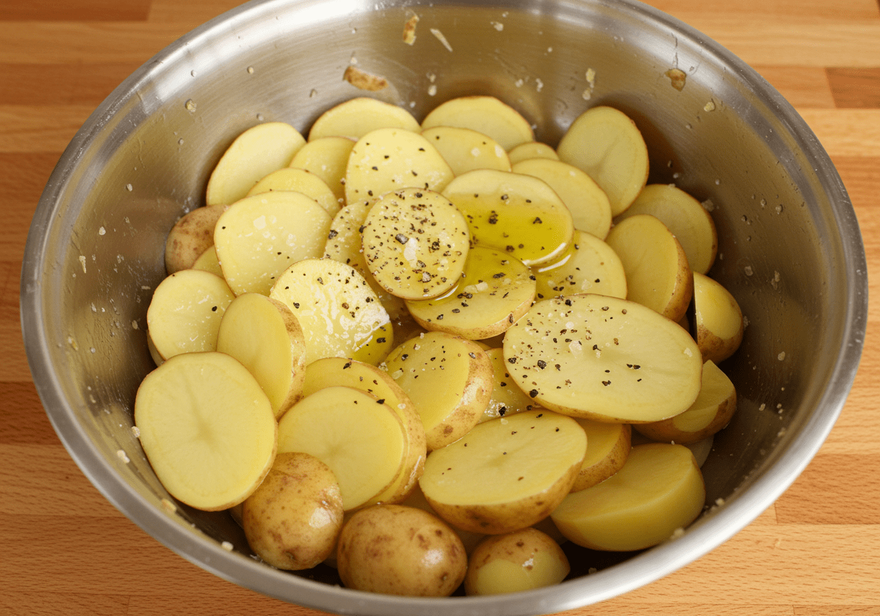 Tranchage des pommes de terre pour le gratin de choux fleur pomme de terre, les pommes de terre sont assaisonnées avec de l'huile d'olive et des épices.
