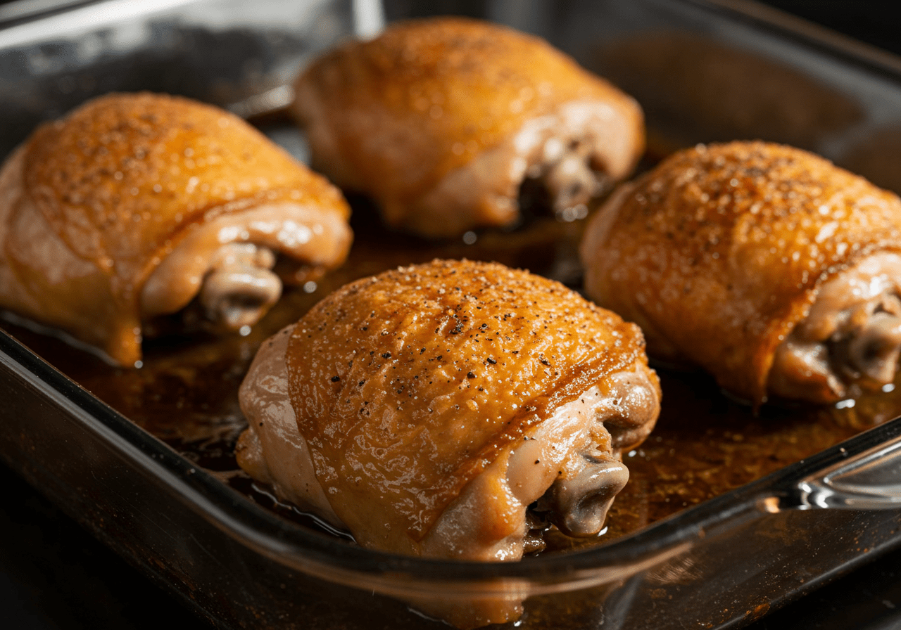 Cuisson des hautes cuisses de poulet au four, dévoilant une peau dorée et croustillante tout en émanant des arÎmes délicieux.