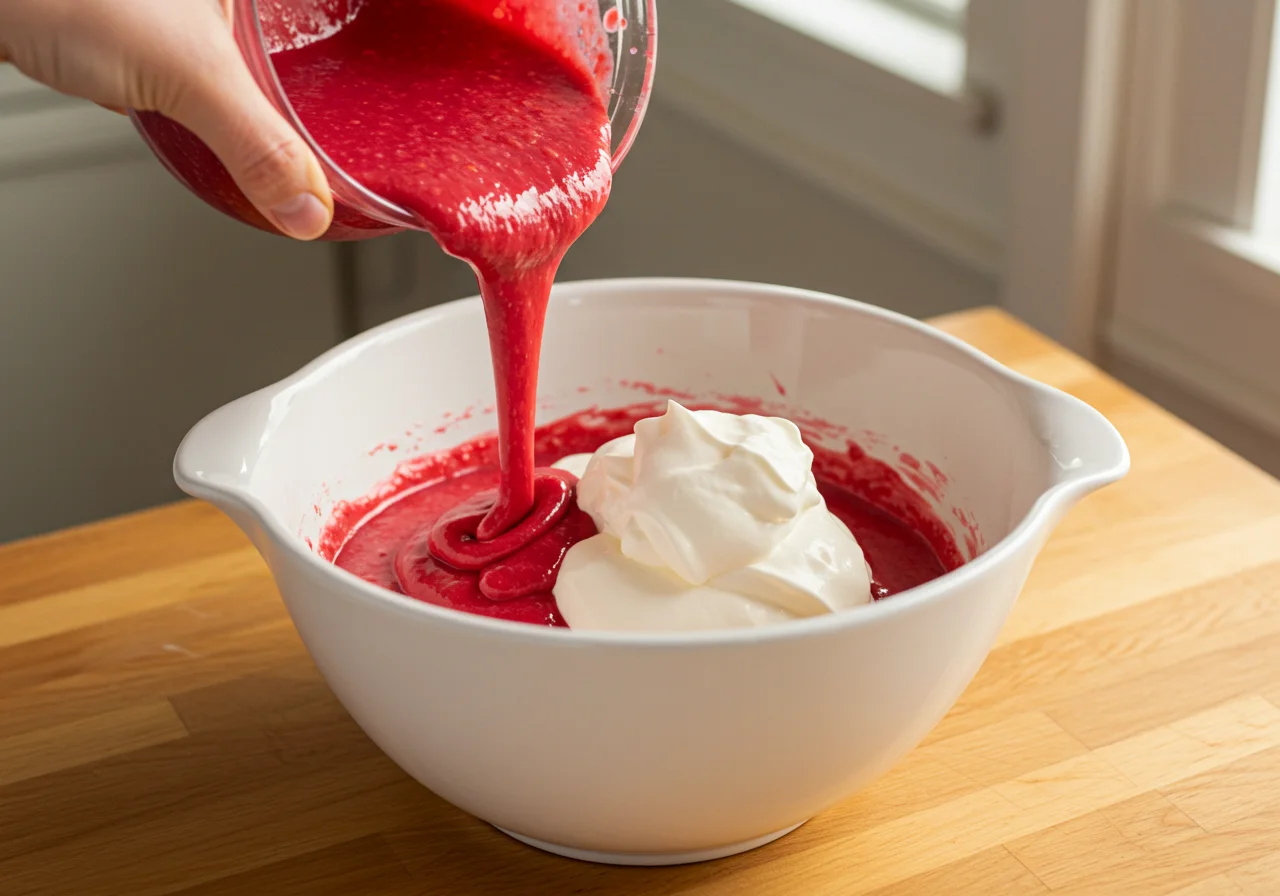 Préparation de la mousse framboise pour le framboisine gateau, avec une purée de framboises et de la crÚme fouettée dans un bol.