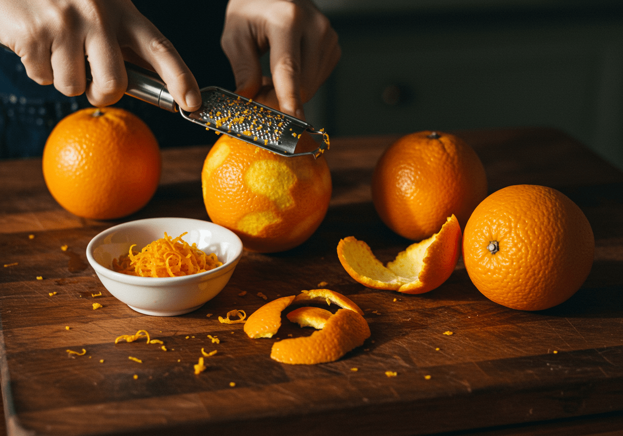 Préparation des orangettes au chocolat : zestes d'orange frais sur un plan de travail en bois, mettant en avant la recette orangettes au chocolat.