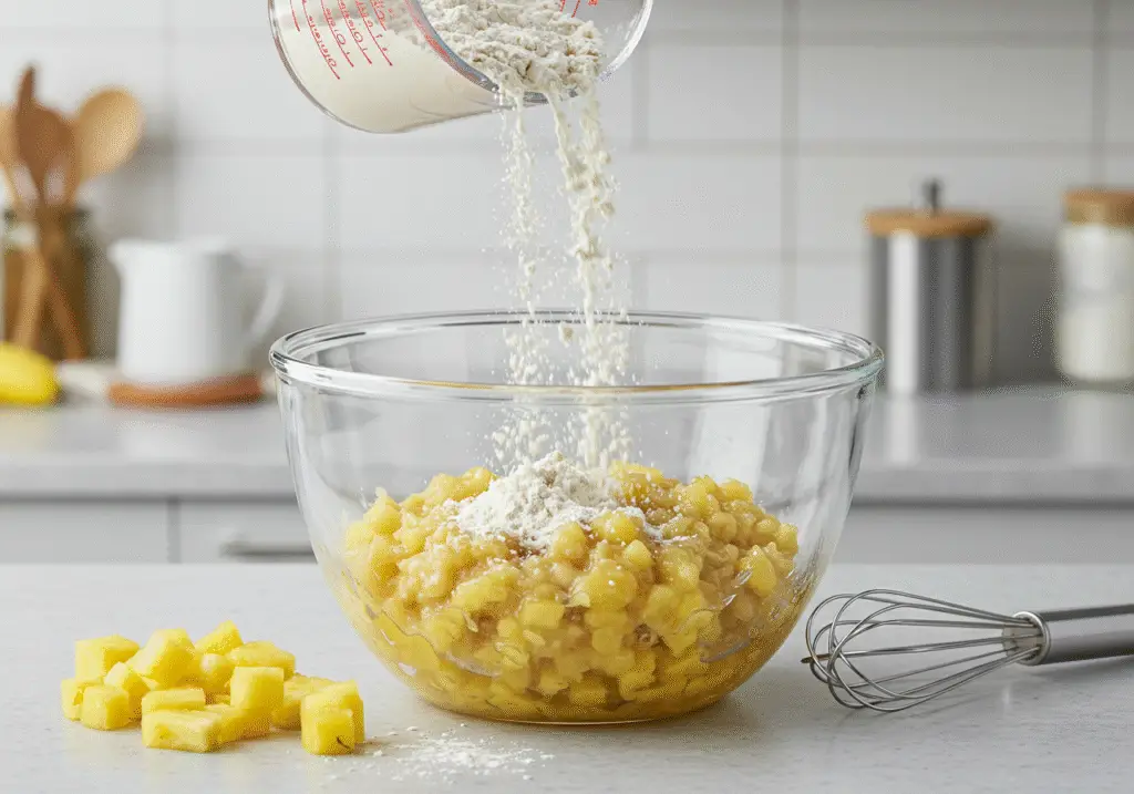 Flour being added to the banana and pineapple mixture for Pain Moelleux à l'Ananas et à la Banane.