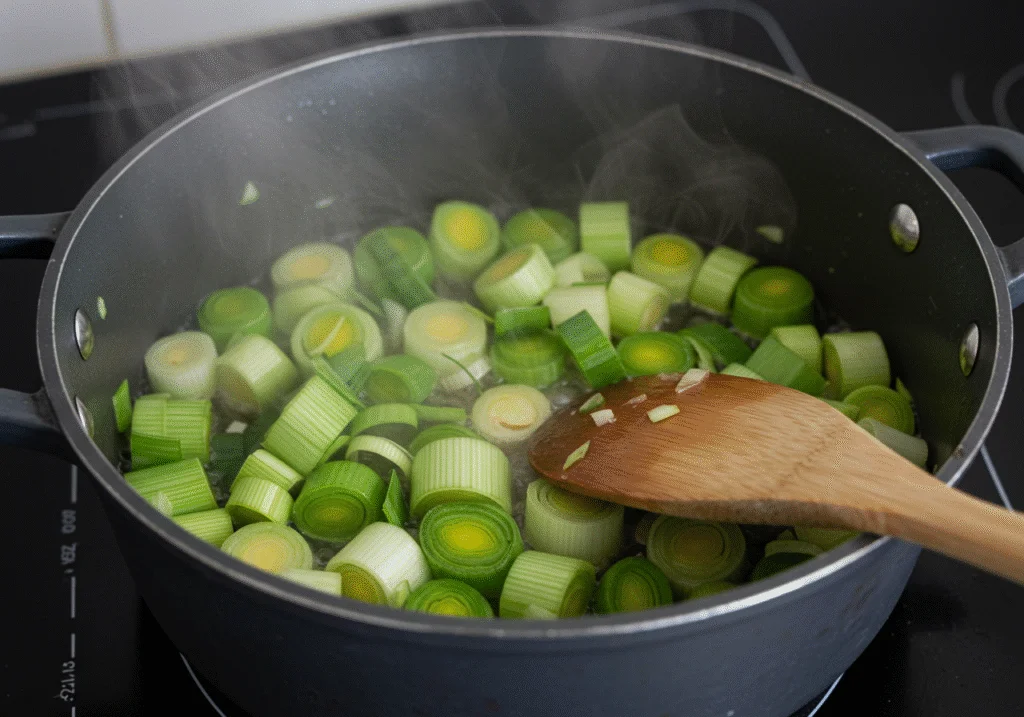 Cuisson des poireaux dans une casserole chaude pour la recette poireaux lardons, montrant la vapeur et le mélange des ingrédients.