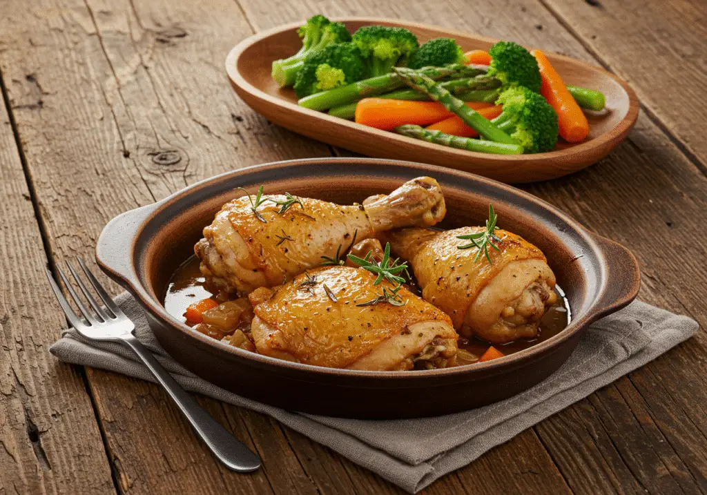 Plateau de poulet braisé savoureux et tendre, avec des herbes fraîches sur une table en bois rustique, mettant en valeur un menu de poulet braisé appétissant.