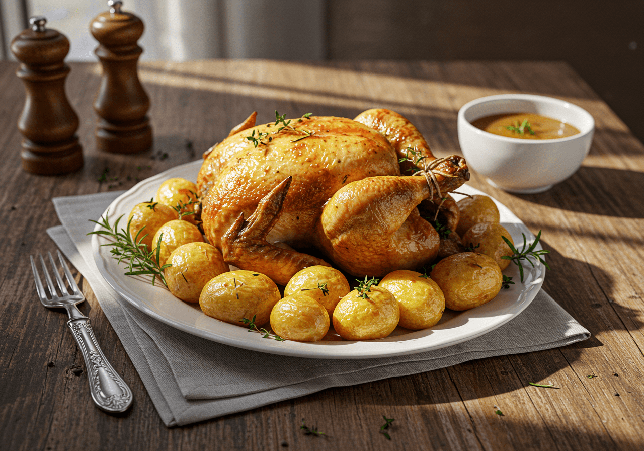 Poulet rÎti fermier et pommes de terre dorées joliment présentés sur une table en bois rustique, décorés de fines herbes fraßches pour une présentation appétissante.