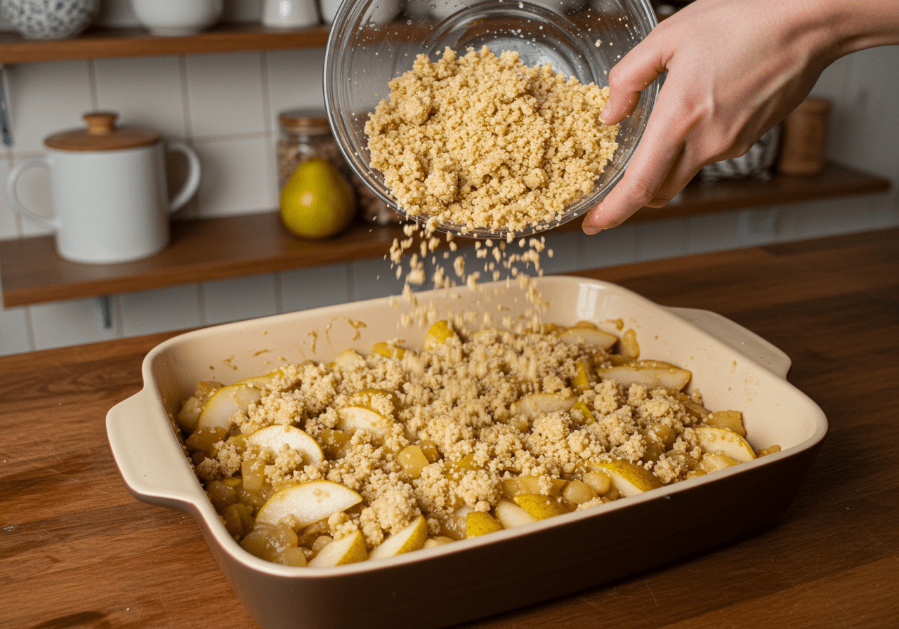 Préparation du crumble poire chocolat - mélange de poires dans un plat en céramique, recouvert de garniture croustillante, prêt à cuire.