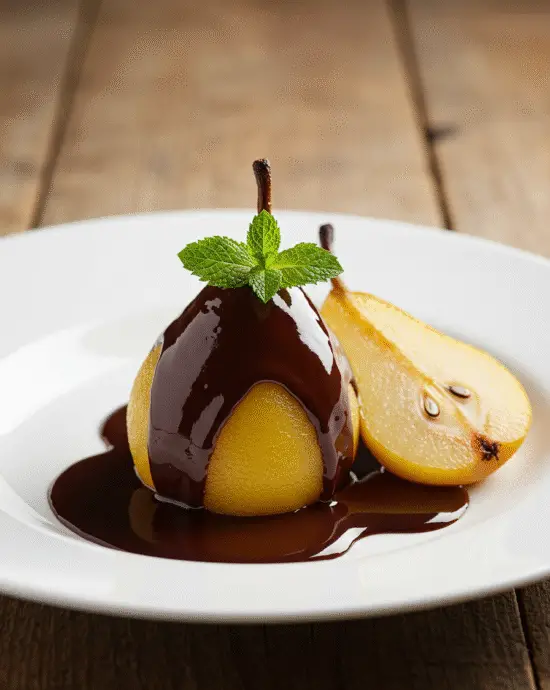 Gâteau poire chocolat parfaitement présenté, mettant en valeur le chocolat et la poire dans une recette poire exquise.