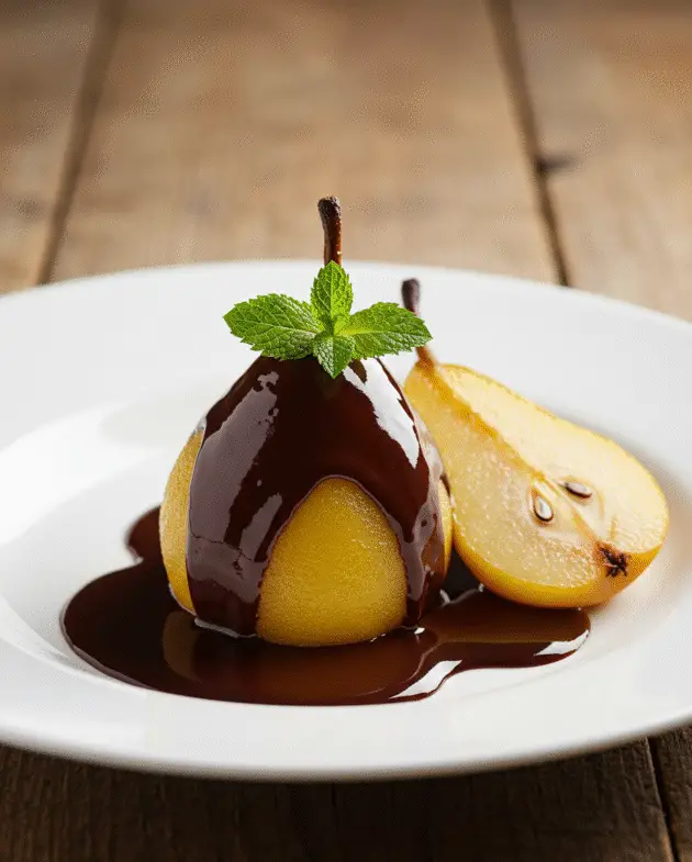 Gâteau poire chocolat parfaitement présenté, mettant en valeur le chocolat et la poire dans une recette poire exquise.