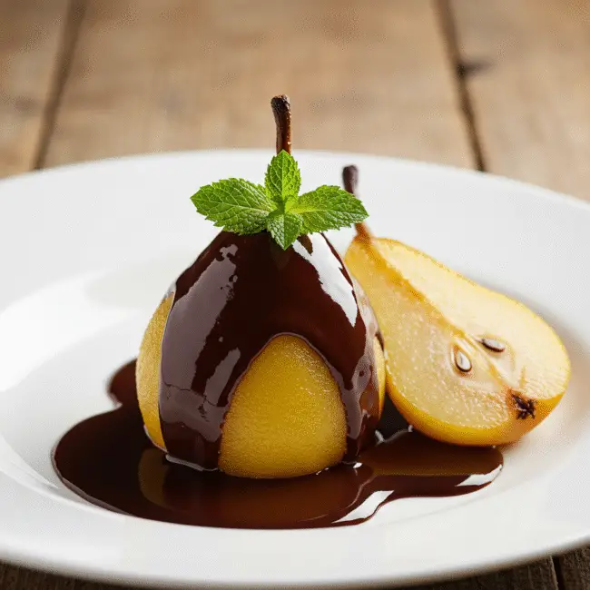 Gâteau poire chocolat parfaitement présenté, mettant en valeur le chocolat et la poire dans une recette poire exquise.