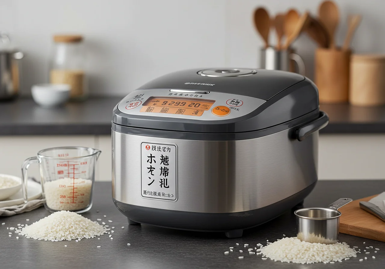 Une image d'un cuiseur à riz japonais de haute qualité sur un comptoir de cuisine, montrant des grains de riz et une tasse à mesurer. Le décor est lumineux et accueillant.