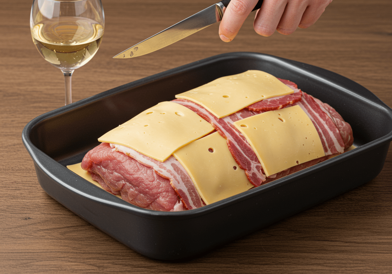 Transfert du rôti Orloff au fromage et bacon dans un plat de cuisson, prêt à être mis au four.