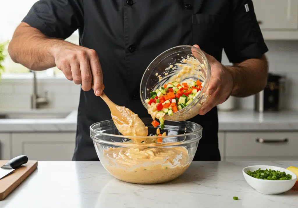 Mélange de légumes dans la vinaigrette pour finaliser la salade alsacienne traditionnelle.