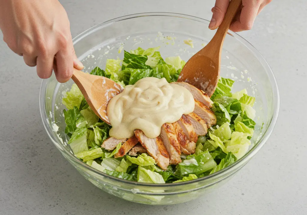 Un grand bol de salade césar au poulet mélangé avec de la laitue, du poulet tranché et une vinaigrette crémeuse.