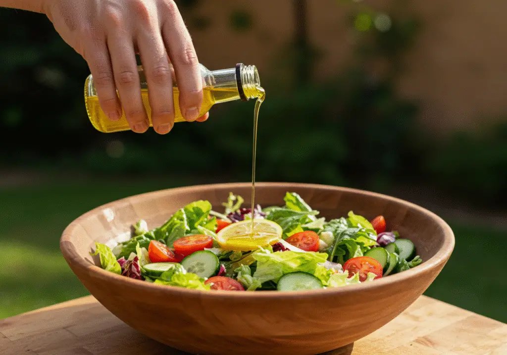 Assaisonnement de salade de blé gourmande avec de l'huile d'olive et du jus de citron.