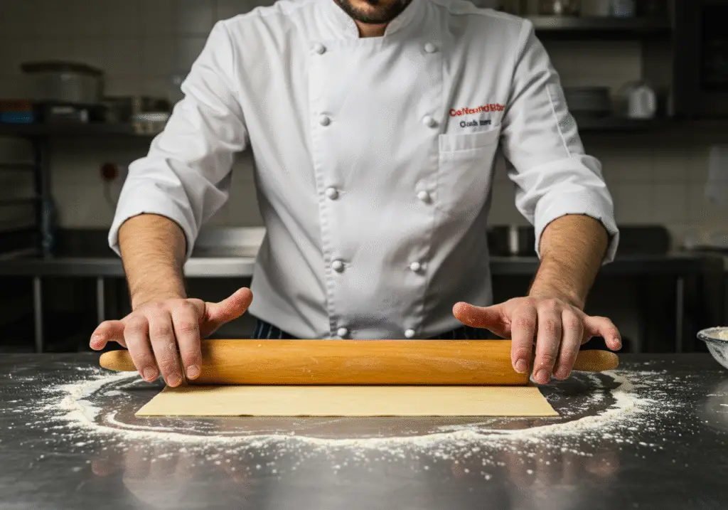 Un chef étale une feuille de pâte feuilletée sur un plan de travail propre, pour un feuilleté au saumon parfait.