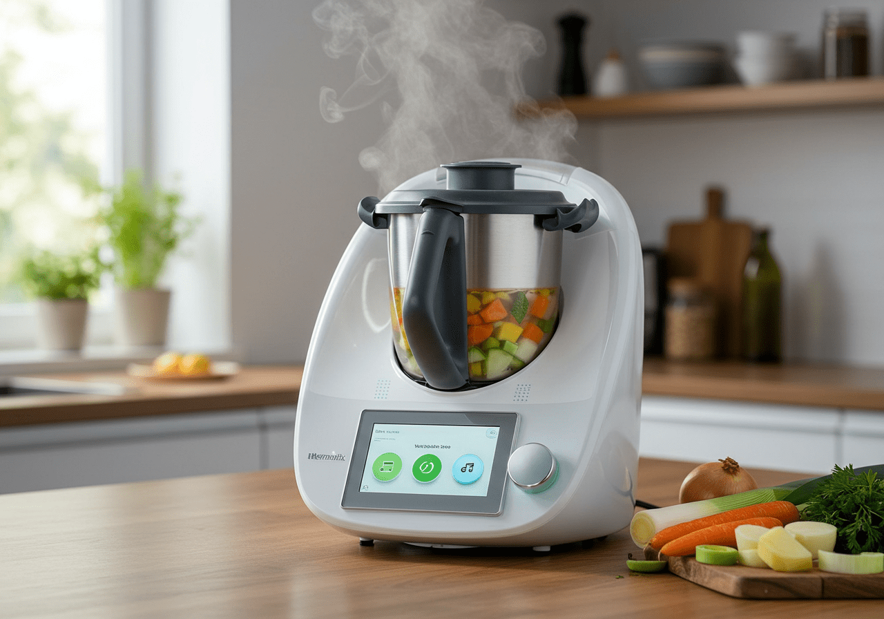 Cuisson de la soupe légumes thermomix en cours avec un Thermomix en fonctionnement.