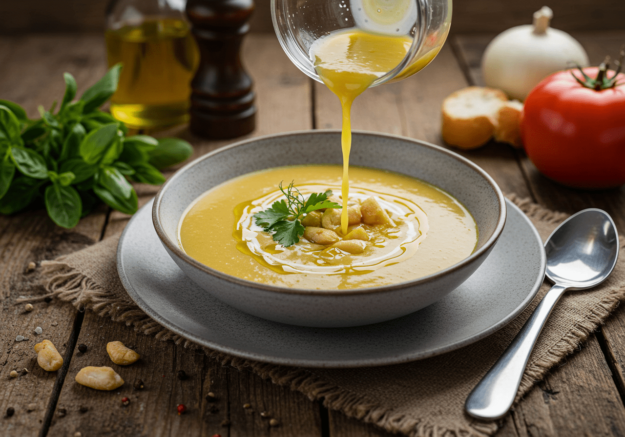 Présentation de la soupe de petits pois avec des herbes fraßches et un filet d'huile d'olive, montrant une magnifique soupe au petit pois dans un bol élégant.