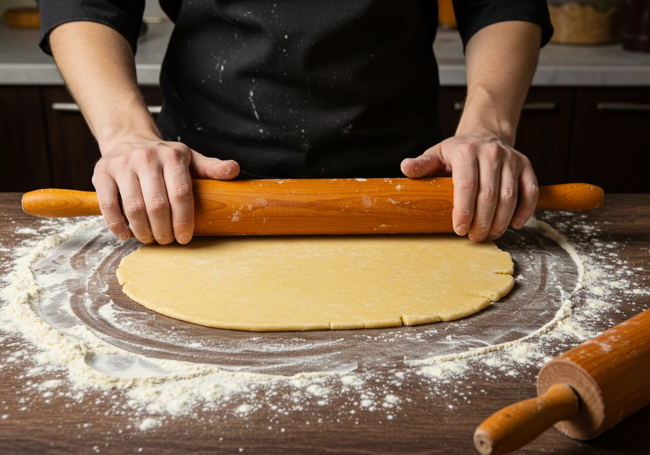 Pùte brisée faite à la main pour une tarte aux oignons et lardons, cuisine maison avec de la farine étalée.