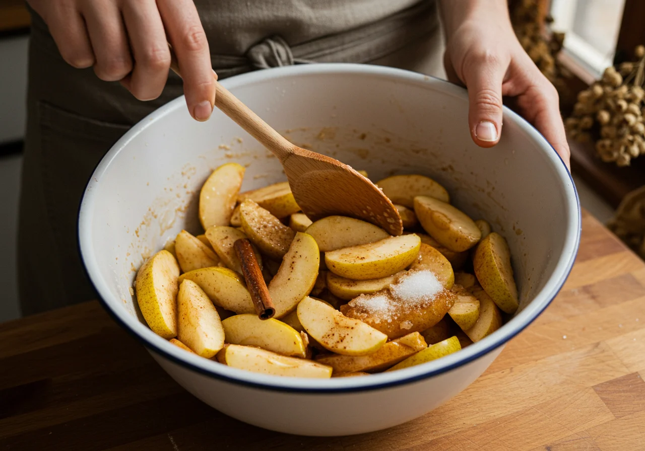 Mélange de pommes et poires pour la tarte aux poires et pommes avec du sucre et des épices dans un grand bol.
