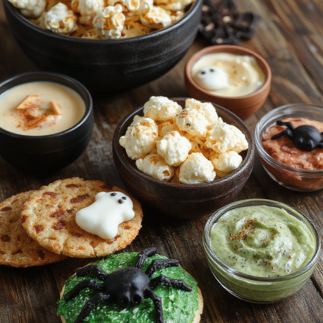 A vibrant platter featuring a variety of spooky Halloween-themed snacks arranged creatively on a dark wooden table, including ghost-shaped popcorn balls, witch finger cookies, skull cookies, and monster-colored dips, decorated with eerie accents and vibrant orange, green, and black colors, styled with seasonal Halloween decorations.