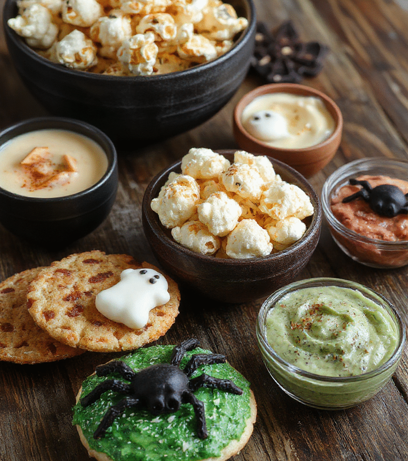 A vibrant platter featuring a variety of spooky Halloween-themed snacks arranged creatively on a dark wooden table, including ghost-shaped popcorn balls, witch finger cookies, skull cookies, and monster-colored dips, decorated with eerie accents and vibrant orange, green, and black colors, styled with seasonal Halloween decorations.