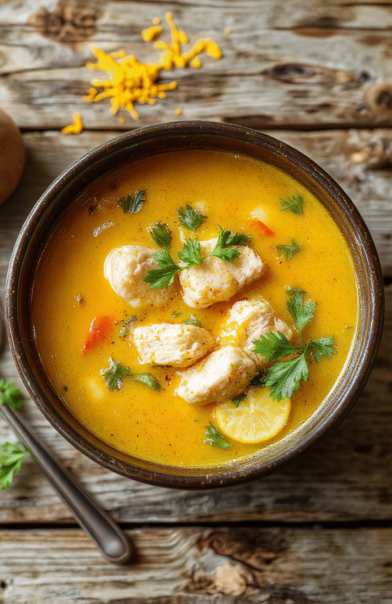 A vibrant bowl of golden turmeric chicken soup garnished with fresh parsley, slices of tender chicken, and bright vegetables on a rustic wooden table, styled with a spoon and napkin for inviting presentation.