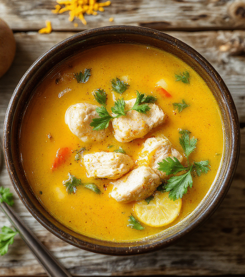 A vibrant bowl of golden turmeric chicken soup garnished with fresh parsley, slices of tender chicken, and bright vegetables on a rustic wooden table, styled with a spoon and napkin for inviting presentation.