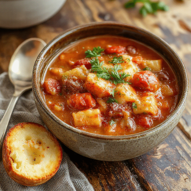 A rustic bowl of authentic German Goulash featuring tender chunks of beef in rich, red sauce with visible spices and herbs, served with crusty bread on a wooden table, steam rising, and vibrant green garnish.
