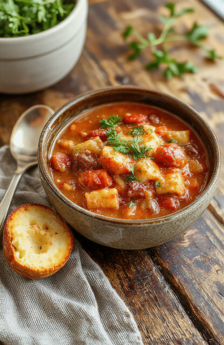 A rustic bowl of authentic German Goulash featuring tender chunks of beef in rich, red sauce with visible spices and herbs, served with crusty bread on a wooden table, steam rising, and vibrant green garnish.