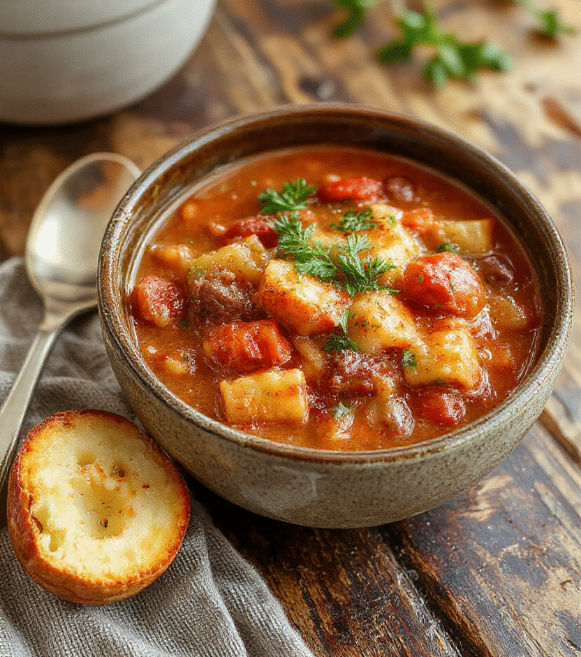 A rustic bowl of authentic German Goulash featuring tender chunks of beef in rich, red sauce with visible spices and herbs, served with crusty bread on a wooden table, steam rising, and vibrant green garnish.