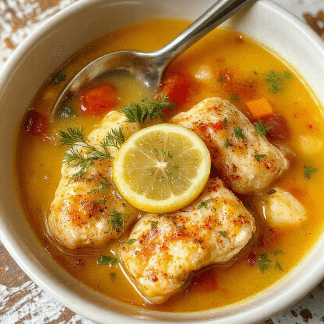 A vibrant bowl of Greek lemon chicken soup showcasing tender shredded chicken pieces, bright yellow lemon broth, fresh parsley garnish, and a lemon wedge on the side, all presented on a rustic wooden table with a lemon-yellow napkin nearby, highlighting the comforting and zesty nature of the dish.