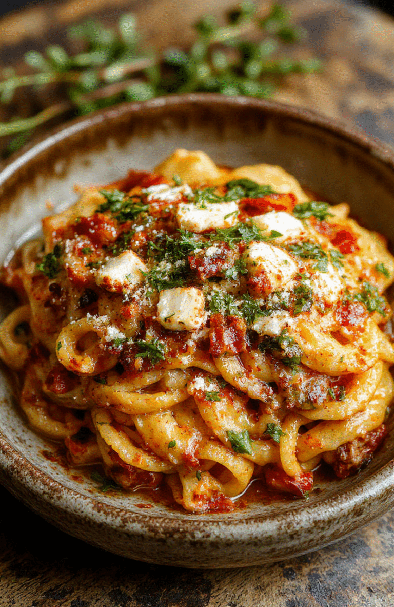A vibrant plate of baked feta veggie pasta with golden roasted cherry tomatoes, wilted spinach, crumbled feta cheese, and fresh herbs, arranged on a rustic ceramic plate with a drizzle of olive oil, showcasing colorful and textured ingredients with a rustic, inviting presentation.