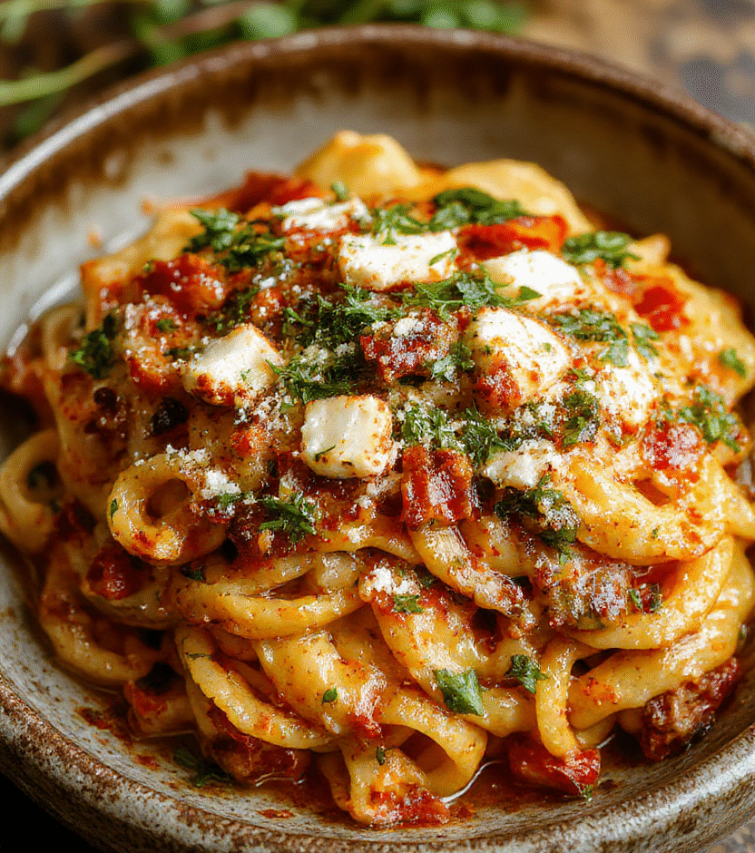 A vibrant plate of baked feta veggie pasta with golden roasted cherry tomatoes, wilted spinach, crumbled feta cheese, and fresh herbs, arranged on a rustic ceramic plate with a drizzle of olive oil, showcasing colorful and textured ingredients with a rustic, inviting presentation.