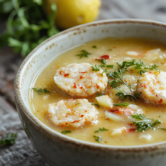 A vibrant bowl of lemon chicken orzo soup featuring soft orzo pasta, tender shredded chicken, bright lemon slices, fresh herbs, and a clear aromatic broth, styled on a rustic wooden surface with a hint of greenery in the background.