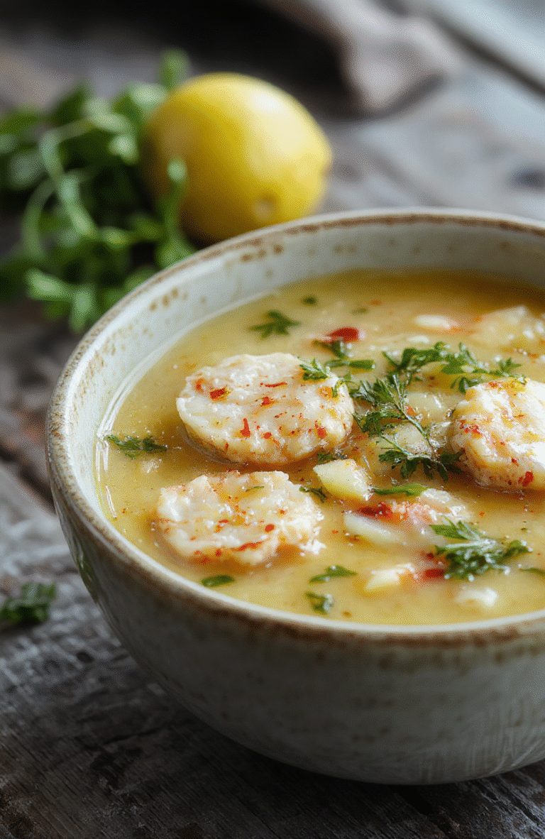 A vibrant bowl of lemon chicken orzo soup featuring soft orzo pasta, tender shredded chicken, bright lemon slices, fresh herbs, and a clear aromatic broth, styled on a rustic wooden surface with a hint of greenery in the background.