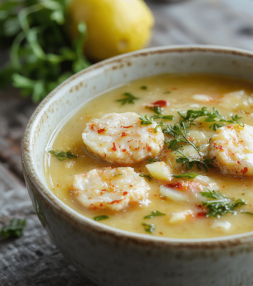 A vibrant bowl of lemon chicken orzo soup featuring soft orzo pasta, tender shredded chicken, bright lemon slices, fresh herbs, and a clear aromatic broth, styled on a rustic wooden surface with a hint of greenery in the background.