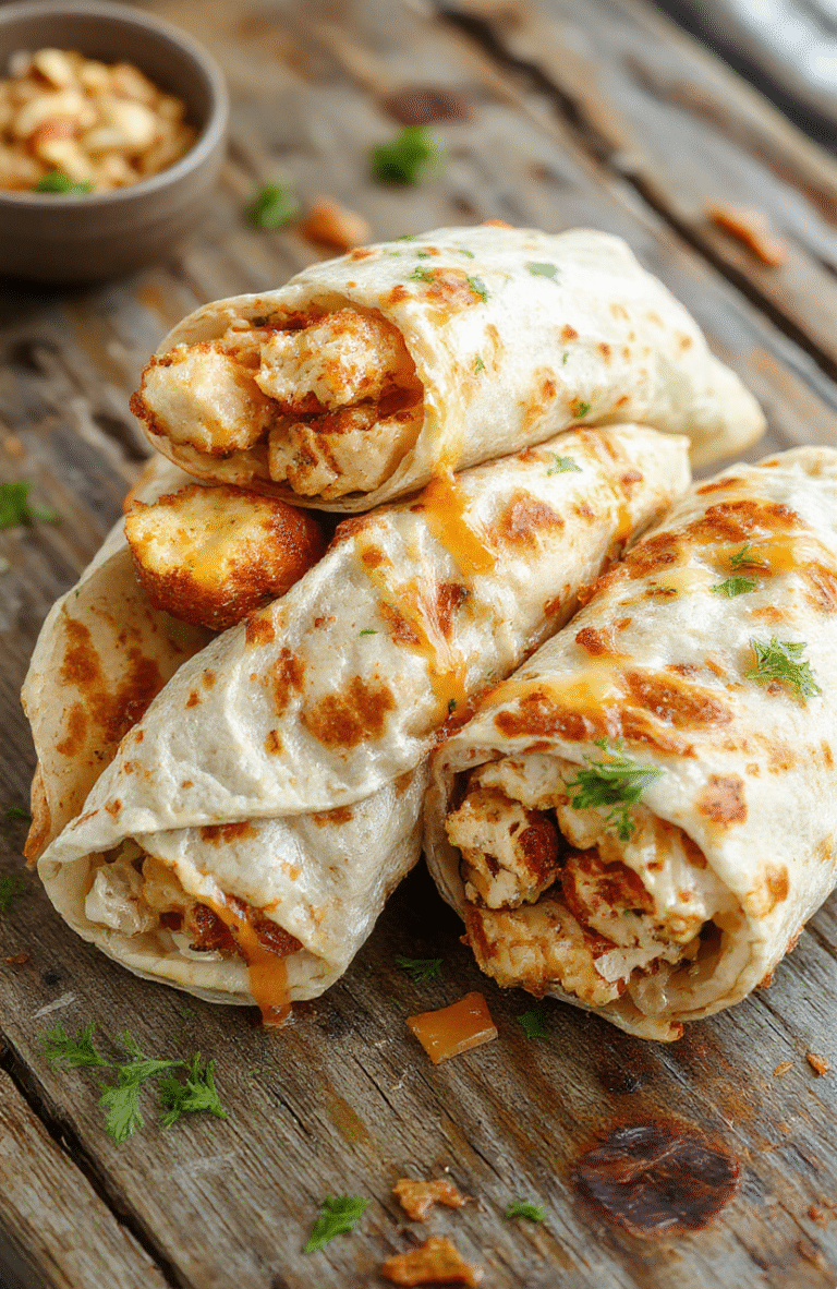 A vibrant plate of cheesy garlic chicken wraps arranged on a rustic wooden surface, showcasing crispy golden wraps spilling over with melted cheese, fresh herbs, and tender chicken, styled with a light drizzle of garlic sauce and colorful vegetable garnishes for an inviting look.