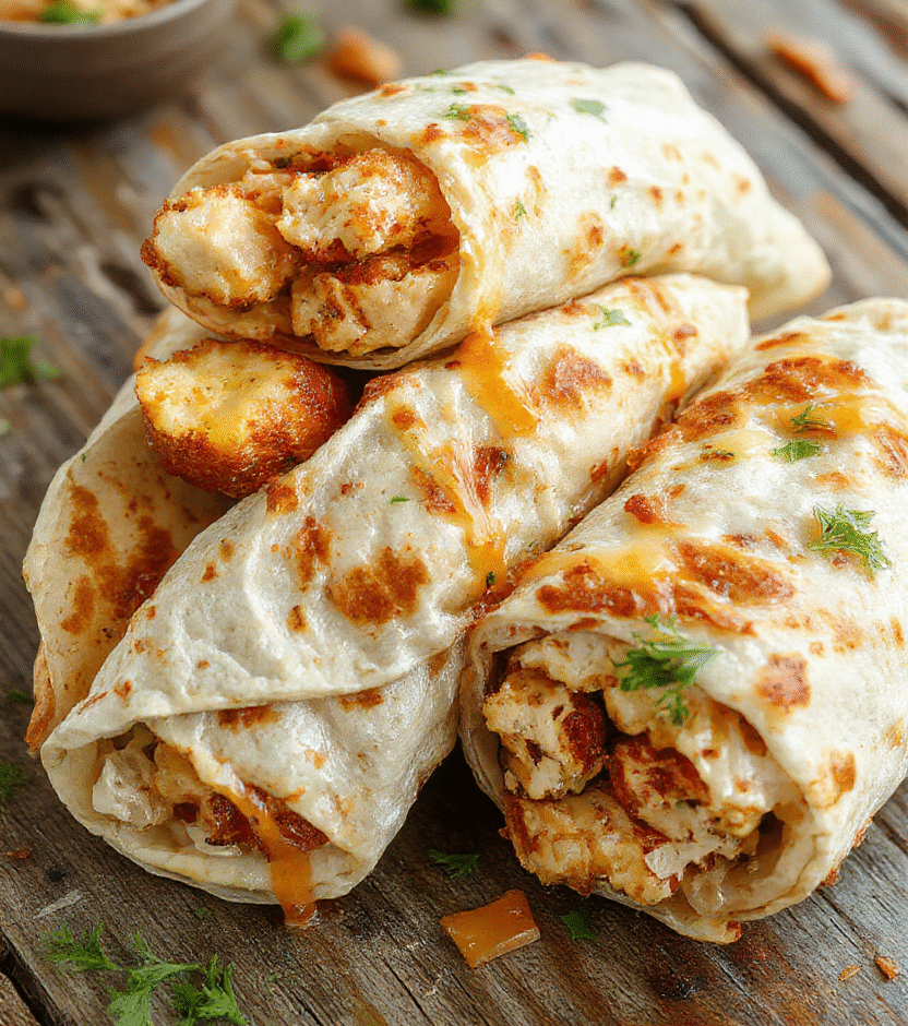 A vibrant plate of cheesy garlic chicken wraps arranged on a rustic wooden surface, showcasing crispy golden wraps spilling over with melted cheese, fresh herbs, and tender chicken, styled with a light drizzle of garlic sauce and colorful vegetable garnishes for an inviting look.