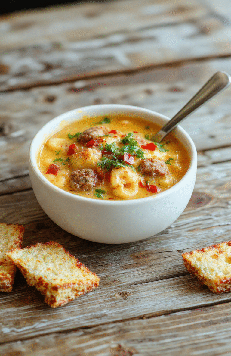 A vibrant bowl of cheesy macaroni cheeseburger soup featuring tender pasta, melted cheese, and bits of ground beef garnished with fresh herbs, served in a rustic ceramic bowl with a textured wooden background, capturing creamy textures and colorful ingredients.