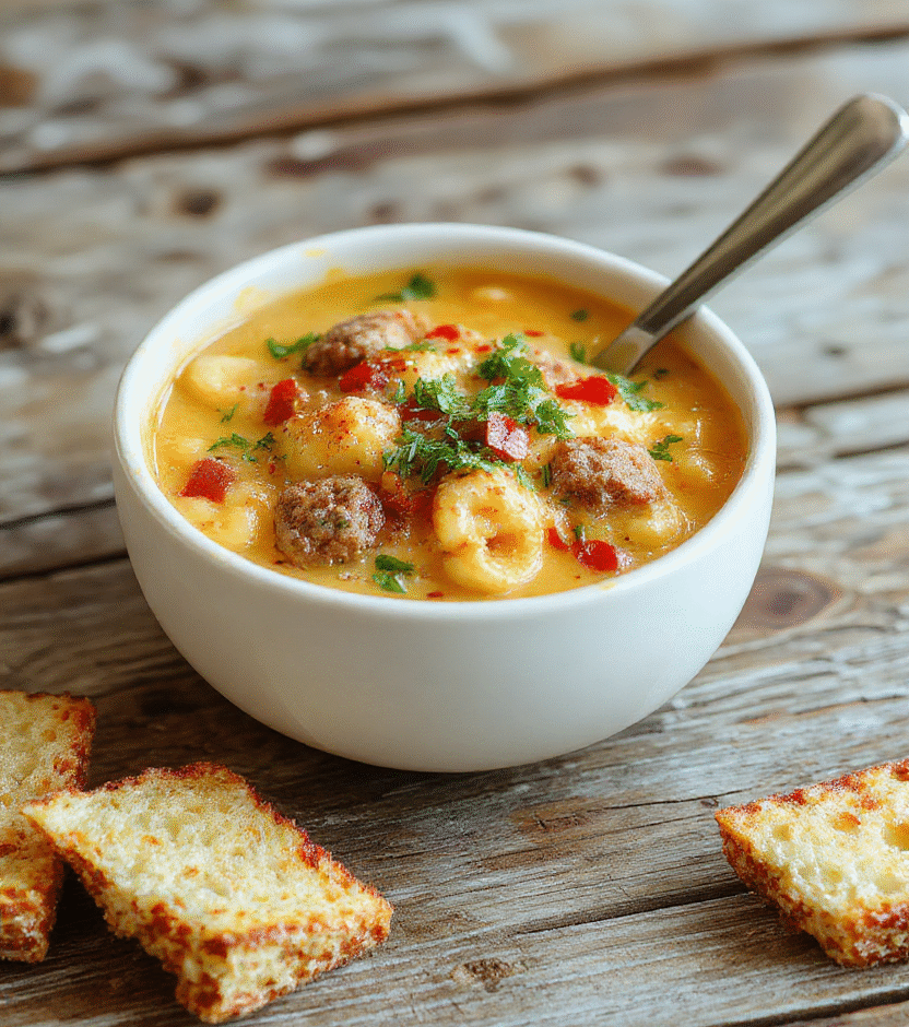 A vibrant bowl of cheesy macaroni cheeseburger soup featuring tender pasta, melted cheese, and bits of ground beef garnished with fresh herbs, served in a rustic ceramic bowl with a textured wooden background, capturing creamy textures and colorful ingredients.