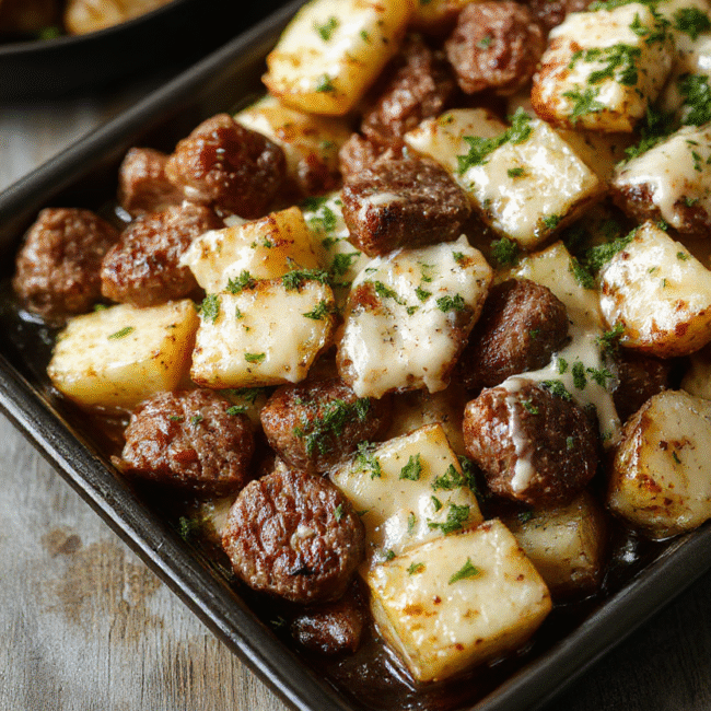 A colorful sheet pan filled with golden roasted potatoes, sliced smoked sausage, melted cheese draping over the ingredients, garnished with fresh herbs, presented on a rustic wooden table with a warm and inviting atmosphere.