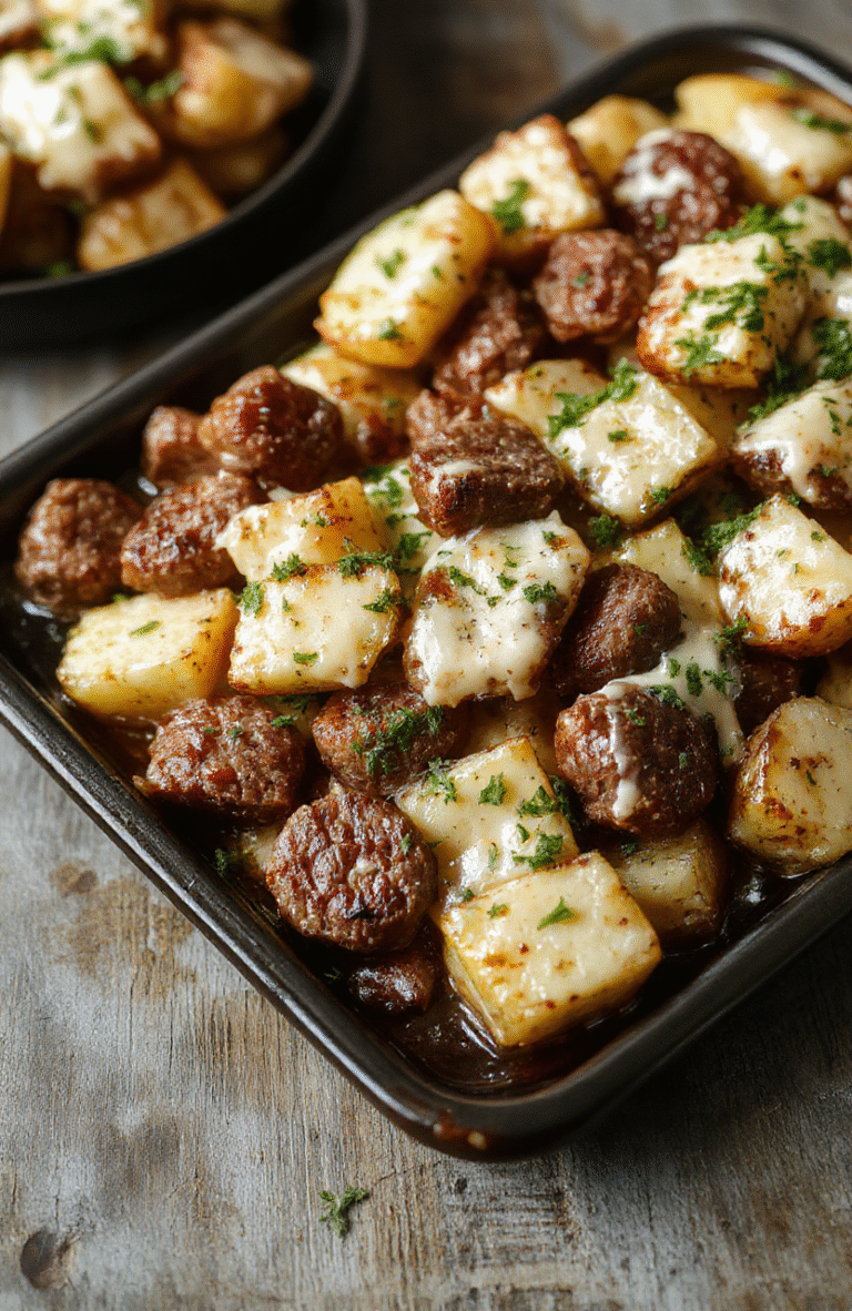 A colorful sheet pan filled with golden roasted potatoes, sliced smoked sausage, melted cheese draping over the ingredients, garnished with fresh herbs, presented on a rustic wooden table with a warm and inviting atmosphere.