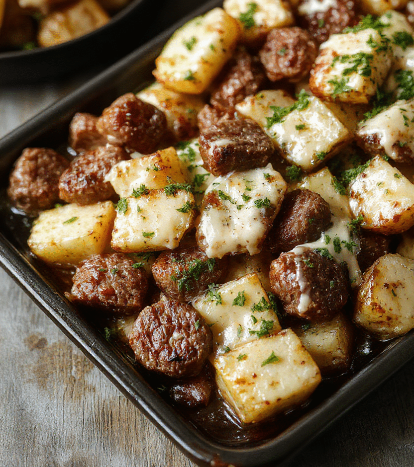 A colorful sheet pan filled with golden roasted potatoes, sliced smoked sausage, melted cheese draping over the ingredients, garnished with fresh herbs, presented on a rustic wooden table with a warm and inviting atmosphere.